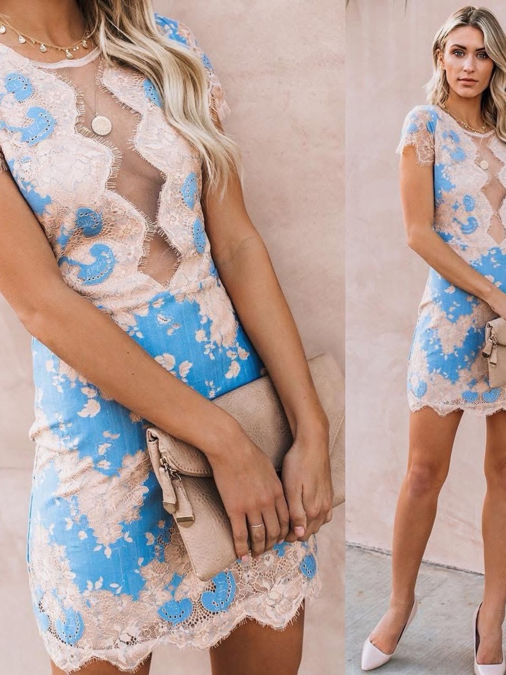 Storia Blue and Beige Lace Mini Dress